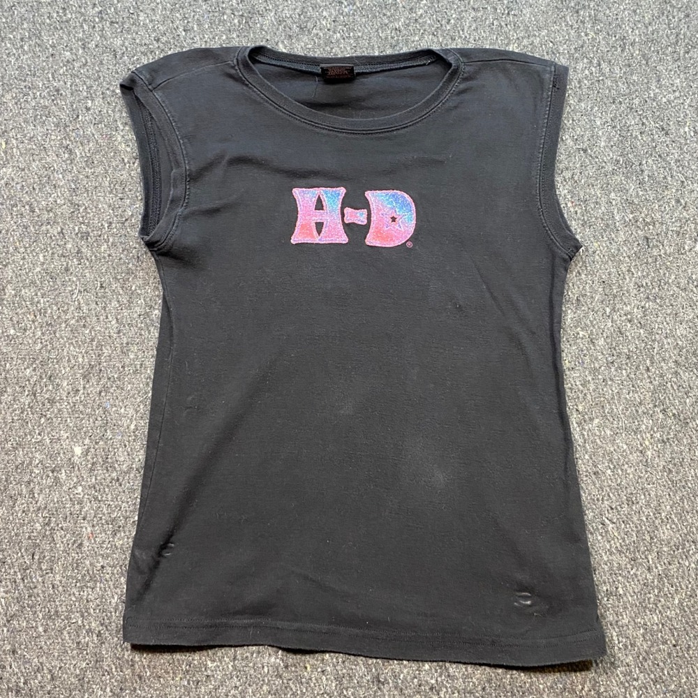 Harley Davidson Muscle TShirt Sz XL Womens Black Y2K Glitter Logo Ft Lauderdale